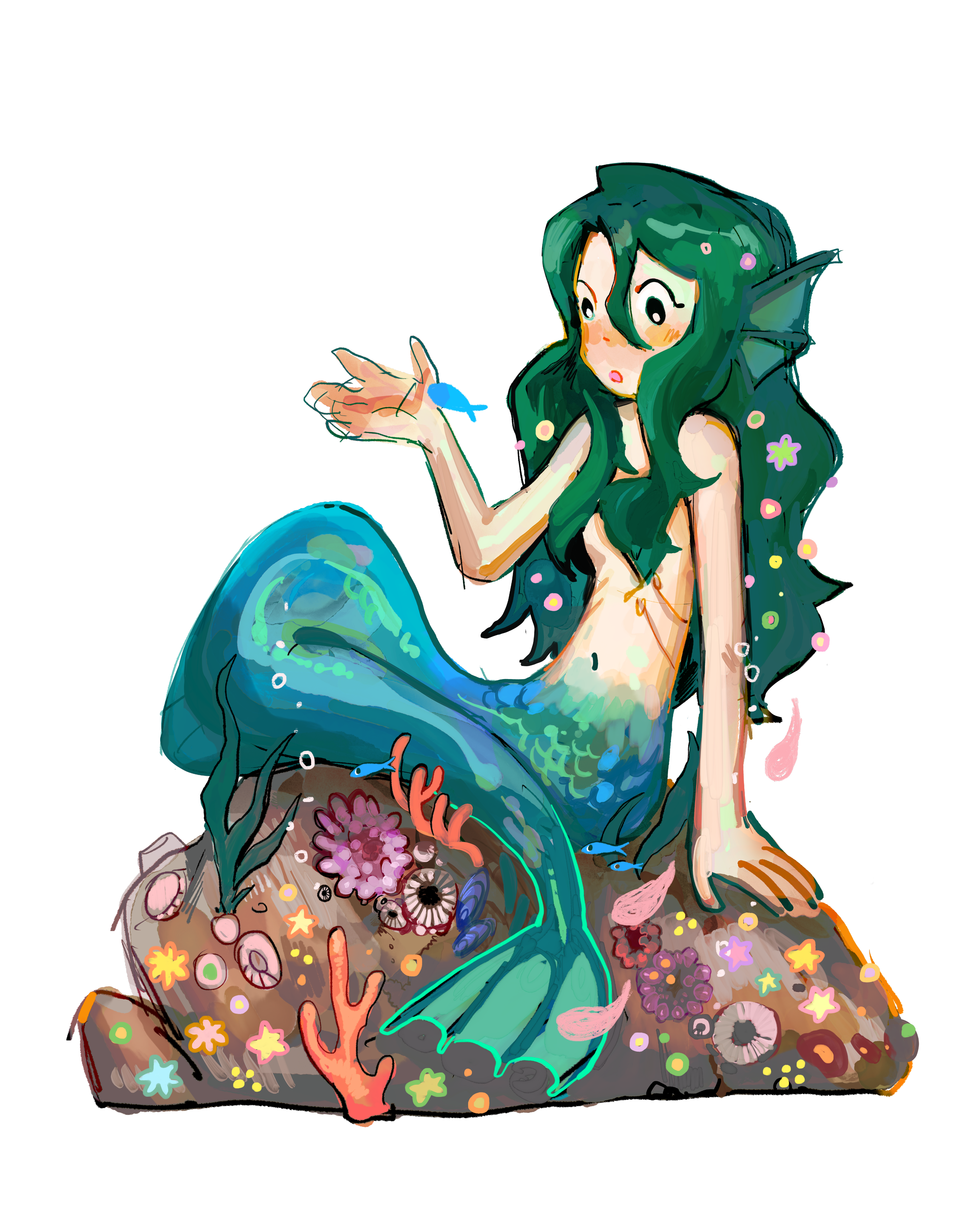 A mermaid rests among flowers and sea life