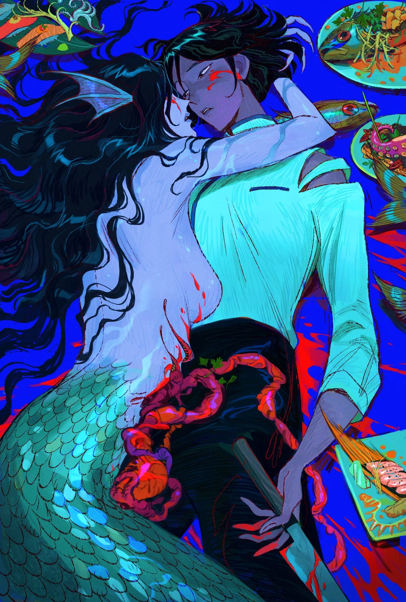 Two characters from The Lovers kiss